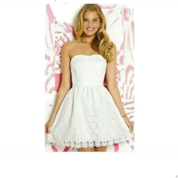 Lilly Pulitzer Payton Dress Strapless White Pinwheel Floral Pearls 00 - Picture 2 of 4